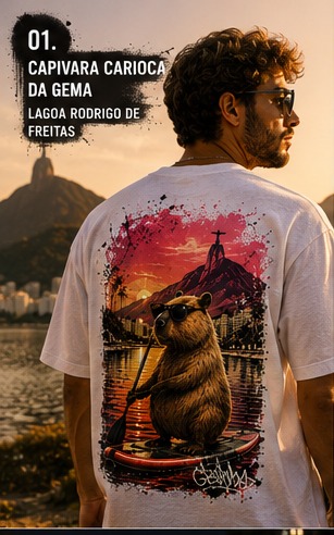 Modelo com camiseta estampada da coleção
